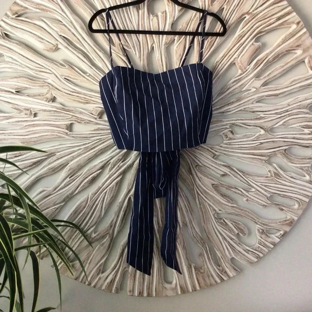 Wayf Striped Linen Mix Navy Top
